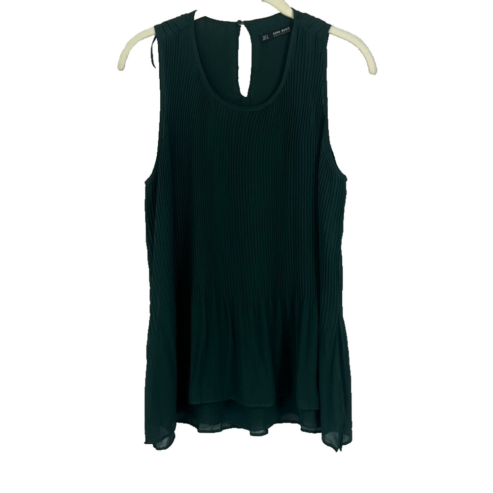 Zara Basic Blouse Collection Women's S Forest Green Pleated Flare Sleeveless